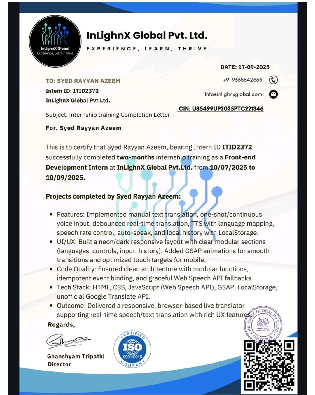 Internship Completion — InLighnX Global