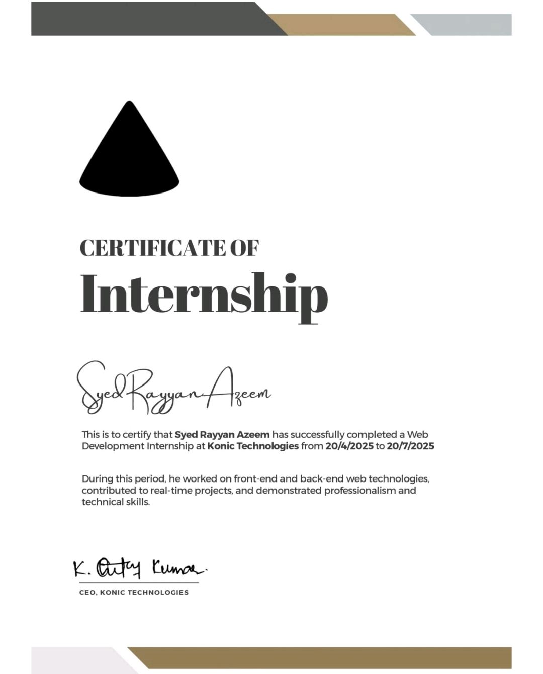 Internship Certificate — Konic Technologies